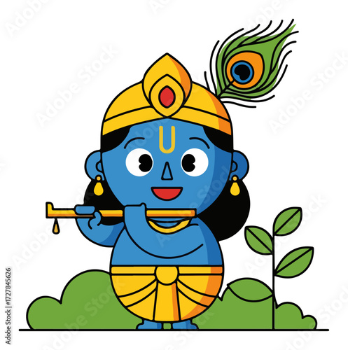 Cute Cartoon of Baby Krishna Playing the Flute