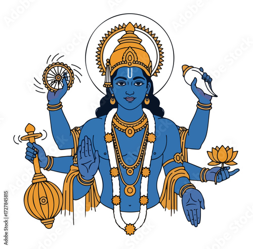 Hindu God Lord Vishnu with Multiple Arms Vector Illustration