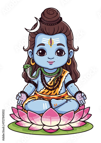 Cute Baby Lord Shiva Meditating on a Lotus Flower Cartoon