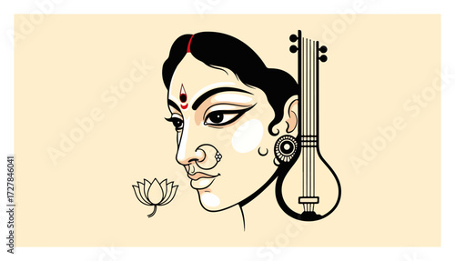 Goddess Saraswati with Veena and Lotus Flower