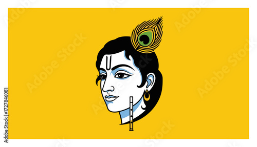 Lord Krishna Face with Peacock Feather Vector Illustration