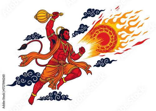 Powerful Hindu God Hanuman Hitting the Sun with His Mace