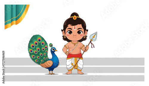 Hindu God Kartikeya with a Peacock Cartoon Illustration