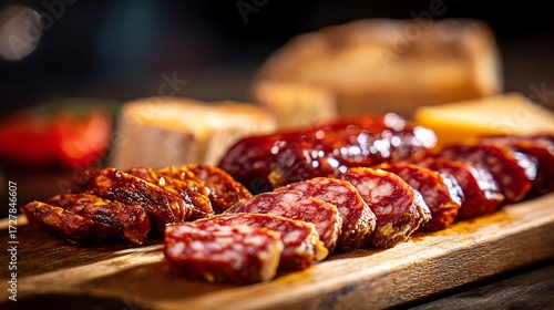 Andorran Embotits isolated on a wooden board, various sausages and salamis sliced artistically