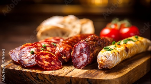 Andorran Embotits isolated on a wooden board, various sausages and salamis sliced artistically
