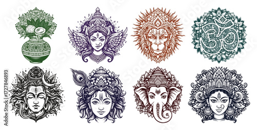 Hand Drawn Collection of Hindu Gods and Spiritual Symbols