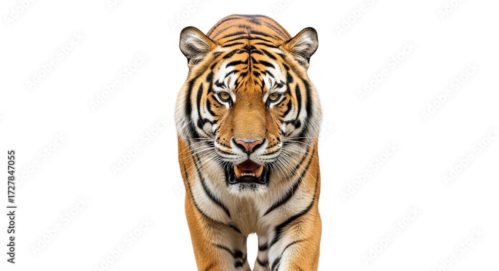 Naklejka premium Tiger head and shoulders facing forward isolated on a white background.