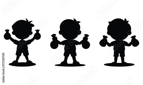 Happy Baby and School Boy Silhouettes with Money Bags – Vector Illustration