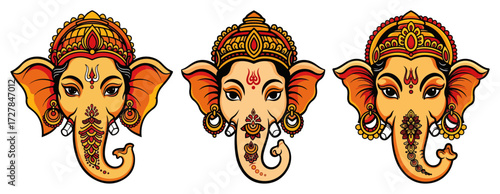 Set of Ornate Hindu God Ganesha Face Illustrations