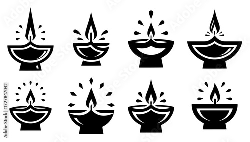 Diwali Diya Oil Lamp Icon Set for Hindu Festival