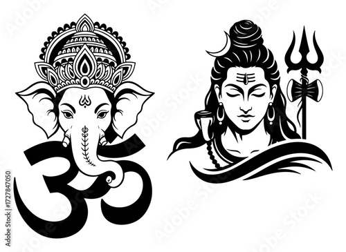 Lord Ganesha Om Symbol and Shiva Trishula Vector Art