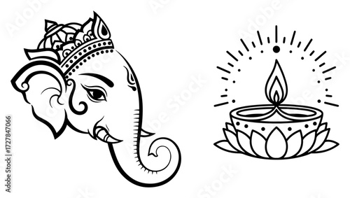 Lord Ganesha and Diwali Diya Lamp Line Art Vector Set