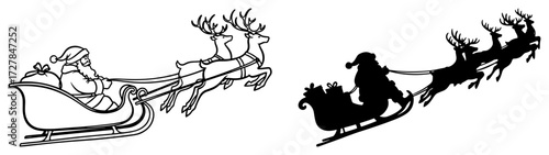 Santa Claus Sleigh with Reindeer Silhouette and Line Art