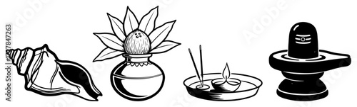 Collection of Hindu Ritual Objects for a Puja Ceremony