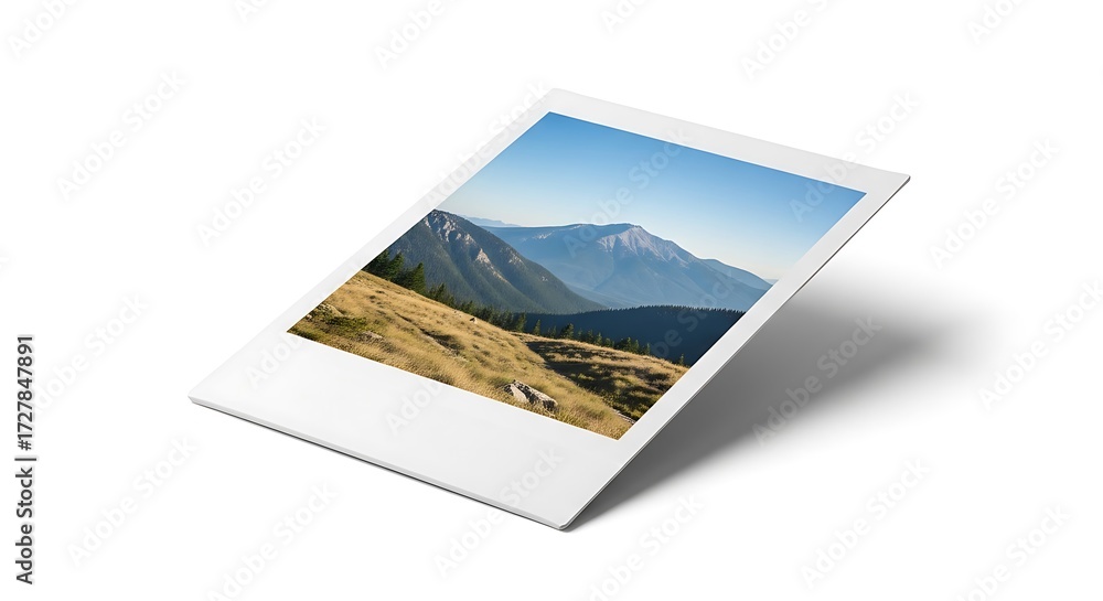 Fototapeta premium Mountain Vista Captured in a Polaroid Frame, Golden Grass and Distant Peaks