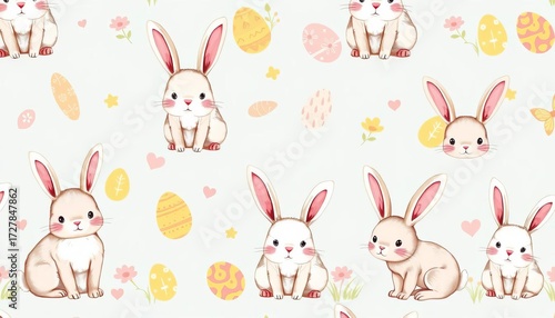 Adorable hand-drawn Easter bunnies in a playful seamless pattern, perfect for spring designs, hare, textile