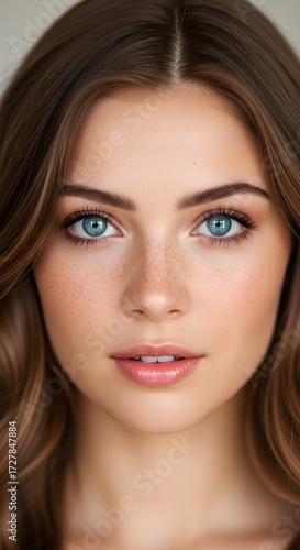 Wallpaper Mural A captivating portrait of a young woman with striking blue eyes and subtle freckles, showcasing natural beauty and a gentle expression Torontodigital.ca