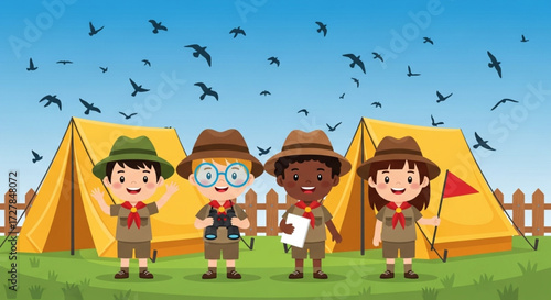 World Scout Day Cheerful Young Scouts Camping Outdoors, Smiling with Tents and Flying Birds, Celebrating Adventure