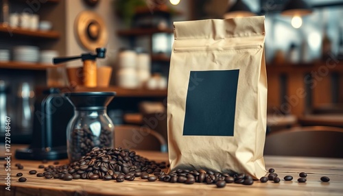 Brown paper coffee bag, black label, coffee beans, grinder, wooden table, cafe,   espresso,  beans