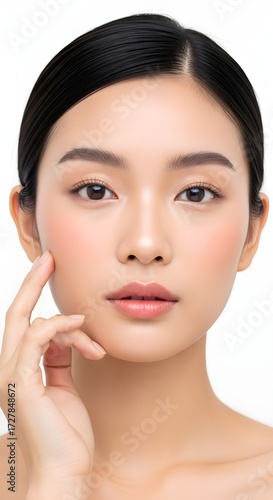 Close-up studio portrait of a young Asian woman's face with perfect skin and a gentle touch, highlighting natural beauty and skincare