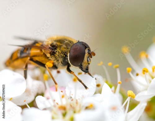 Close-up of a hoverfly on a white flower