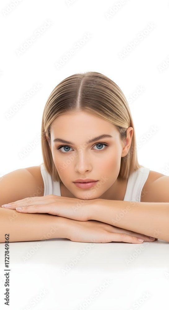 Obraz premium Portrait of a Young Woman with Blonde Hair and Blue Eyes, Posing with Her Arms Crossed on a White Surface, Looking Directly at the Camera