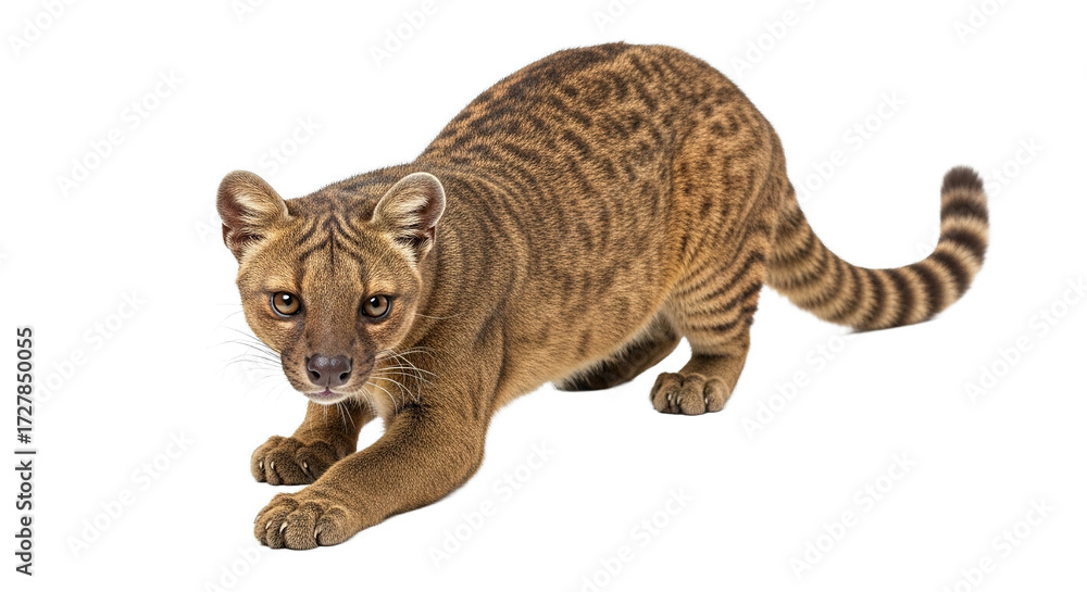 Obraz premium A brown and tan cat with black spots crouches on a white background.