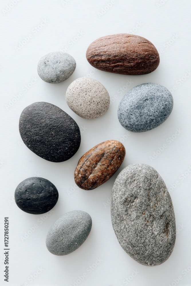 Fototapeta premium A Serene Arrangement of Smooth, Varied River Stones on a Clean White Background.