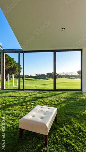 Modern indoor-outdoor living area with a view of a golf course