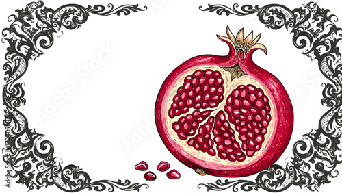 Detailed pomegranate fruit illustration with decorative black scrollwork frame on white background