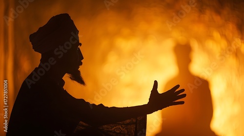 Silhouette of a storyteller with a beard and hat gesturing dramatically