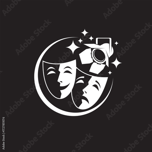 icon of comedy and tragedy theatrical masks with spotlight isolated on black background