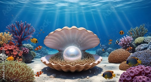 A breathtaking underwater illustration of a giant, luminous pearl resting in an open oyster shell on the ocean floor, surrounded by a vibrant and colorful coral reef ecosystem