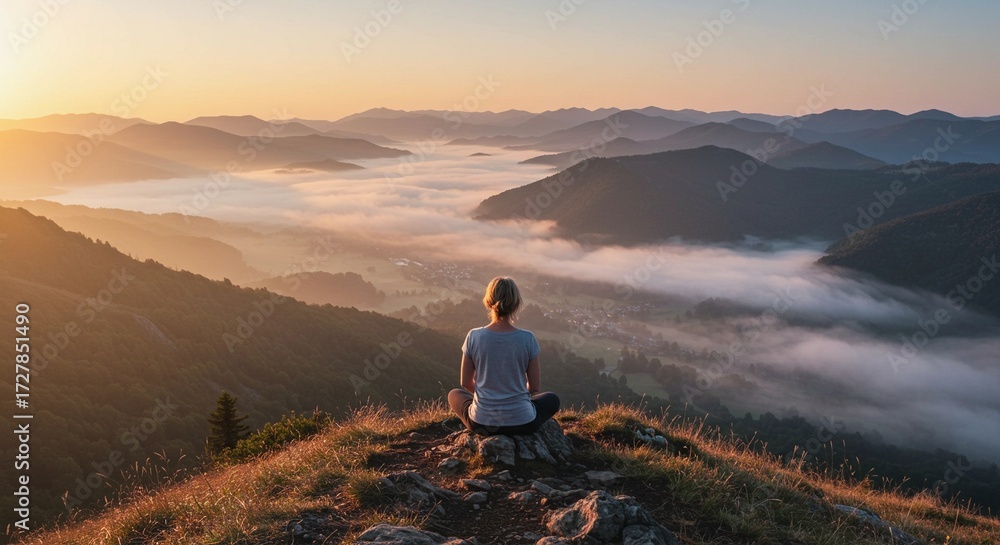 Fototapeta premium Rear view of a woman sitting in a peaceful meditation pose on a mountain peak at sunrise, with a stunning misty valley landscape below.
