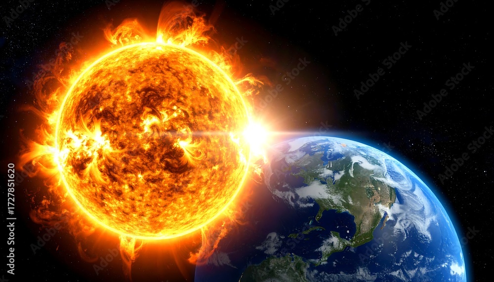 Obraz premium A celestial scene showcasing a bright, fiery star illuminating a planet, its surface visible with land, water, and atmosphere
