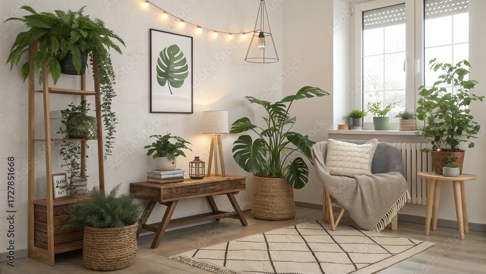 Fototapeta premium Cozy Minimal Home Decor with Indoor Plants and Furniture —AI GENERATED