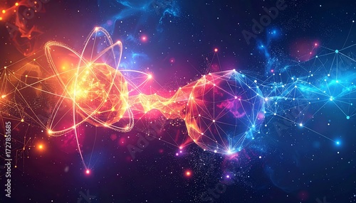 Abstract digital artwork of interconnected atomic structures in space