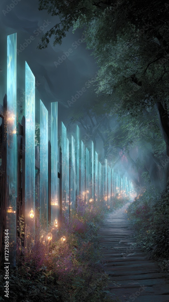 Obraz premium Ethereal Forest Path - Luminous Blue Pillars and Warm Lanterns Illuminating Misty Night.