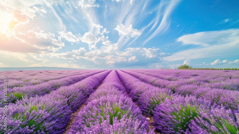 Fototapeta premium Expansive Lavender Field Under Dramatic Sky with Wispy Clouds and Golden Sunlight.