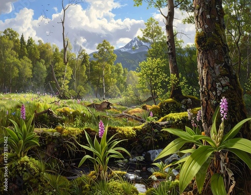 Enchanted Forest Meadow with Mountain Vista