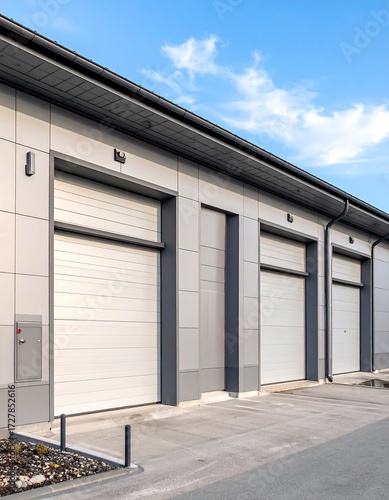 Modern industrial warehouse units under a clear sky