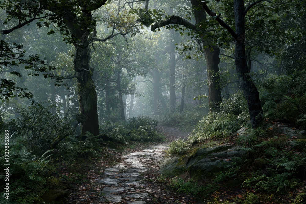 Fototapeta premium Misty Forest Path - Serene Tranquility in a Verdant Grove.