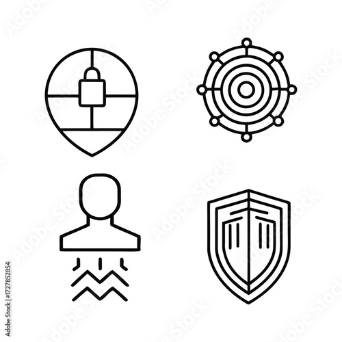 Set of 4 vector security icons shield, secure location, user protection, and protected system