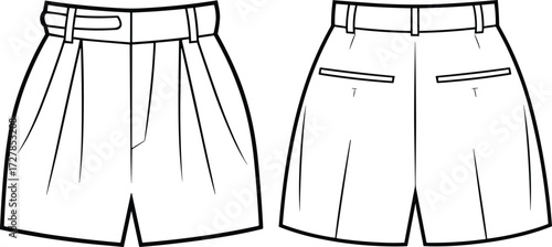 Tailored shorts sketch, fashion flat, front and back view, pleated design, garment construction, vector illustration, apparel template, sewing guide