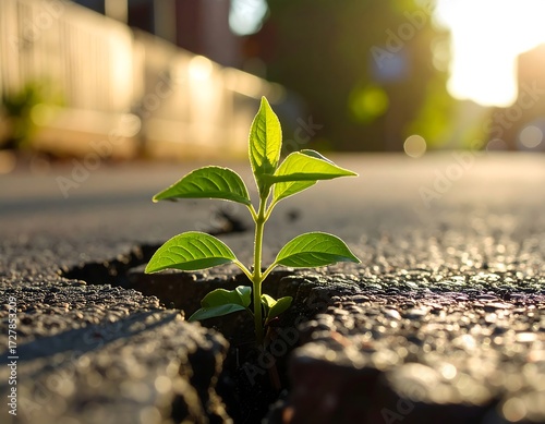 Fototapeta Naklejka Na Ścianę i Meble -  A small plant sprouts from a crack in asphalt, bathed in golden sunlight