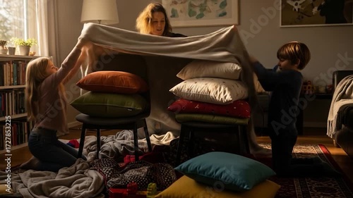 Family build pillow fort together at home mother child game indoor