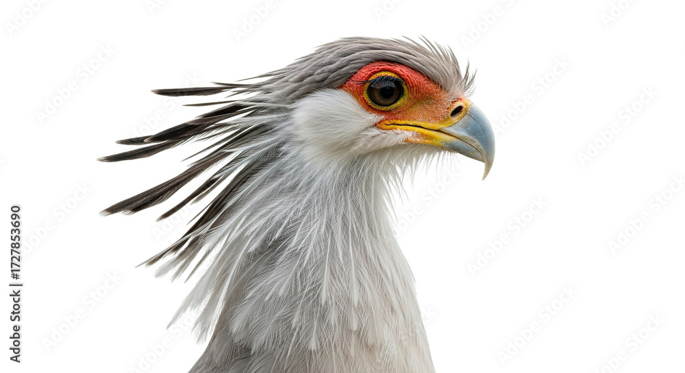 Fototapeta premium Secretary bird headshot showing its distinctive feathers and orange eye against white background.
