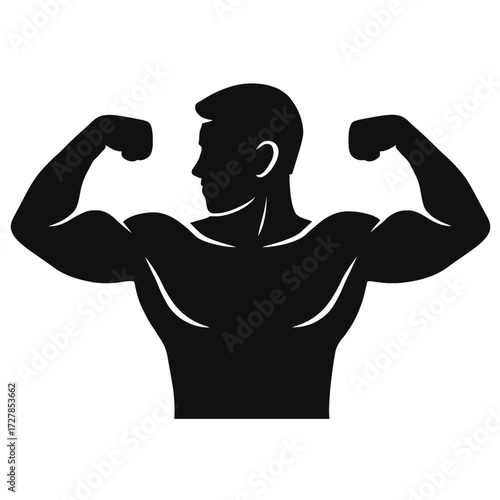 Strong Muscular Man Flexing Biceps Silhouette Icon - A Powerful Representation of Peak Fitness, Dedicated Bodybuilding, and Robust Male Physique for Intense Gym Workouts, Health, and Personal Stre