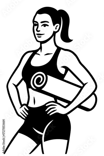 Empowered fitness woman in athletic wear, holding a yoga mat, preparing for a workout or mindful practice. Ideal vector graphic for health, wellness, and active lifestyle content, presented in a c