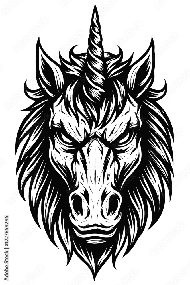 Obraz premium Intense Black & White Unicorn Head Illustration: A Majestic, Fierce Mythical Beast with Horned Power in a Stylized Woodcut Tribal Tattoo Art Style – Perfect for Edgy Fantasy Designs & Powerful Sym